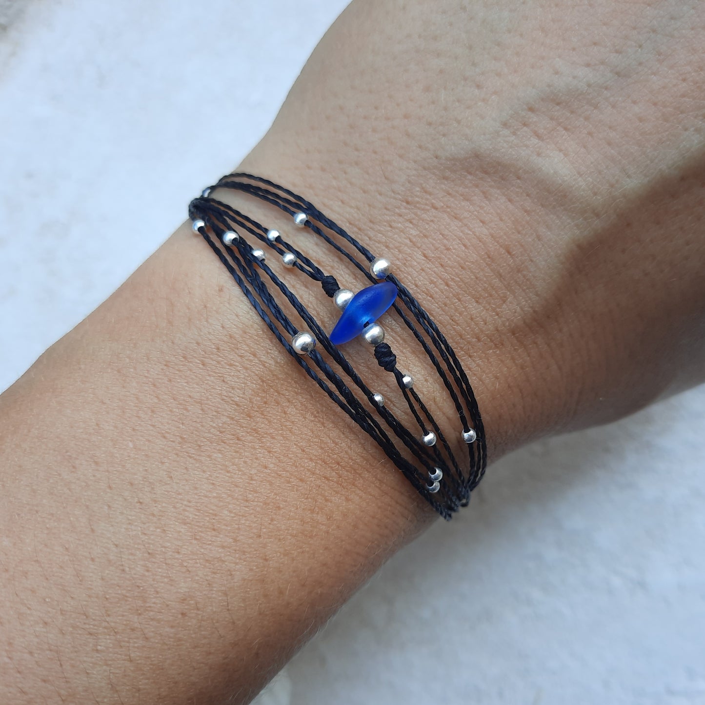 Multi-Strand Black Cord Bracelet with Blue Sea Glass & Sterling Silver Beads