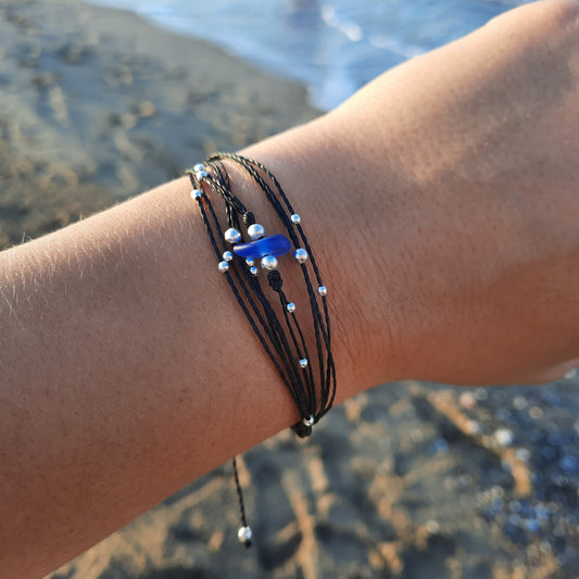 Multi-Strand Black Cord Bracelet with Blue Sea Glass & Sterling Silver Beads