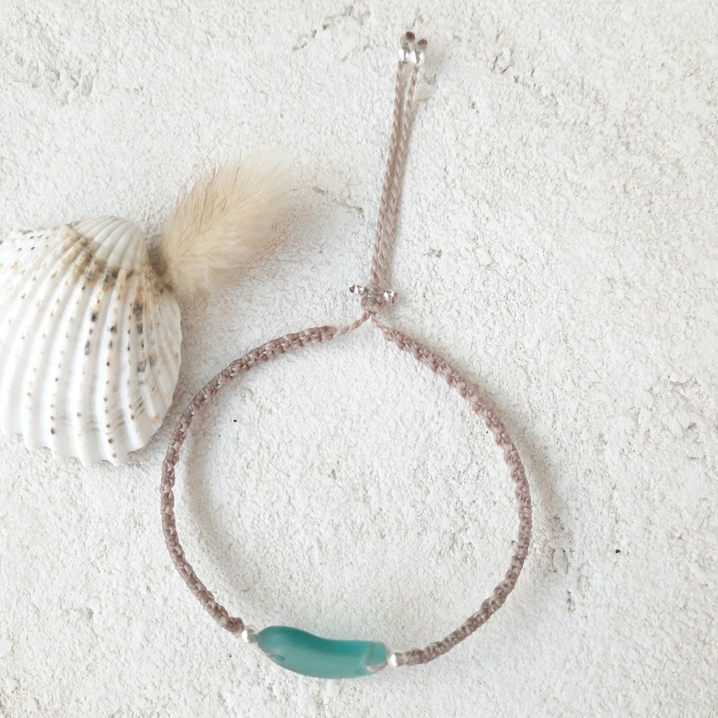 Teal Sea Glass & Sterling Silver Macrame Bracelet