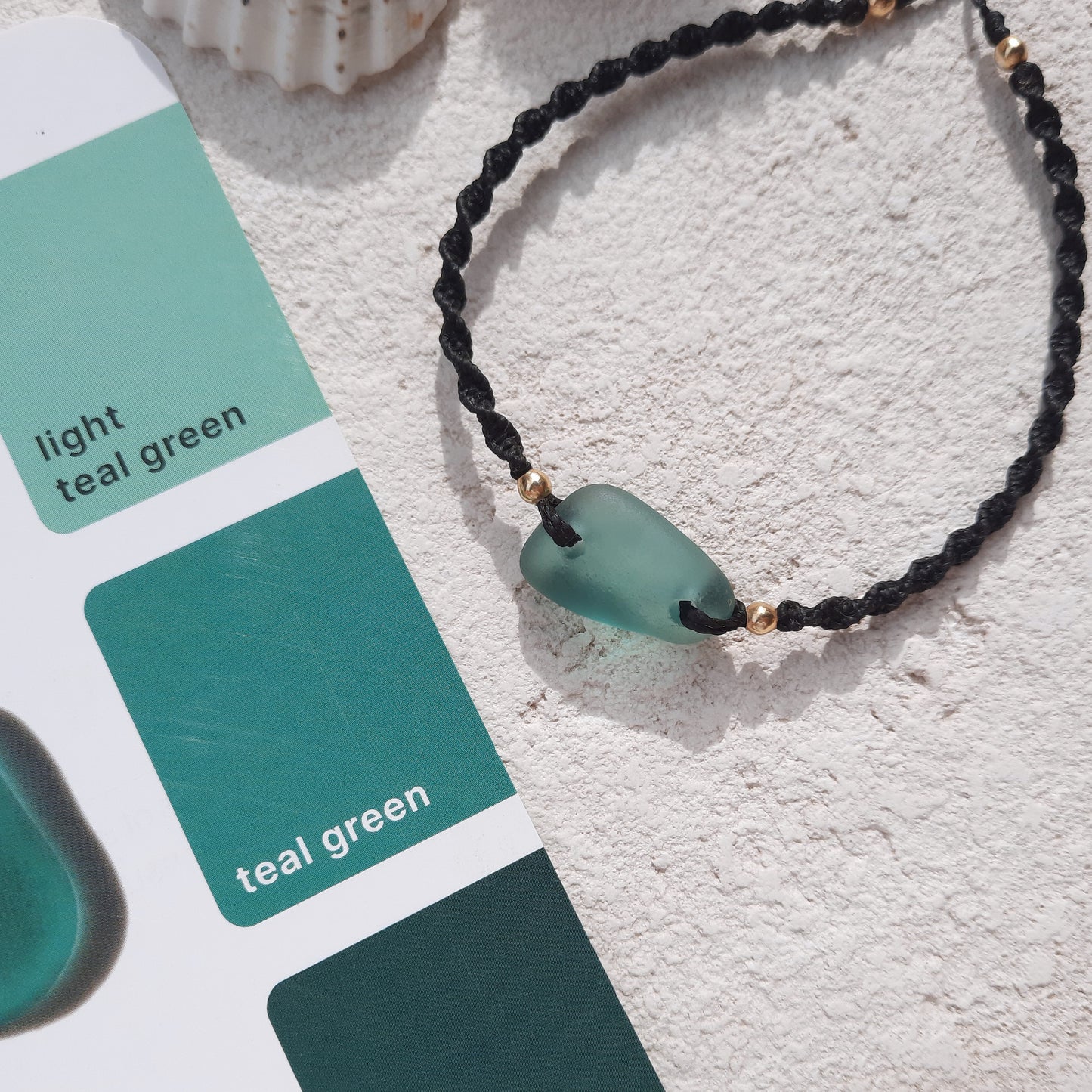Teal Sea Glass & Gold Macrame Bracelet