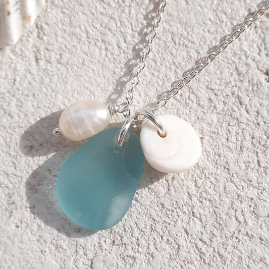 Sea Glass And Natural Charms Silver Necklace