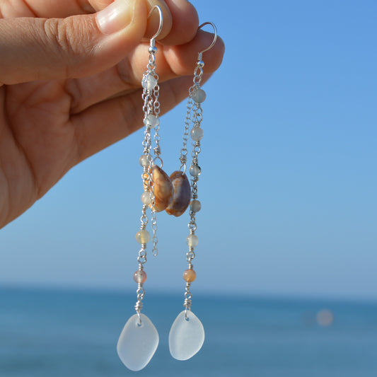 Hawaiian Cowrie Shell & Spanish Sea Glass Dangle Earrings
