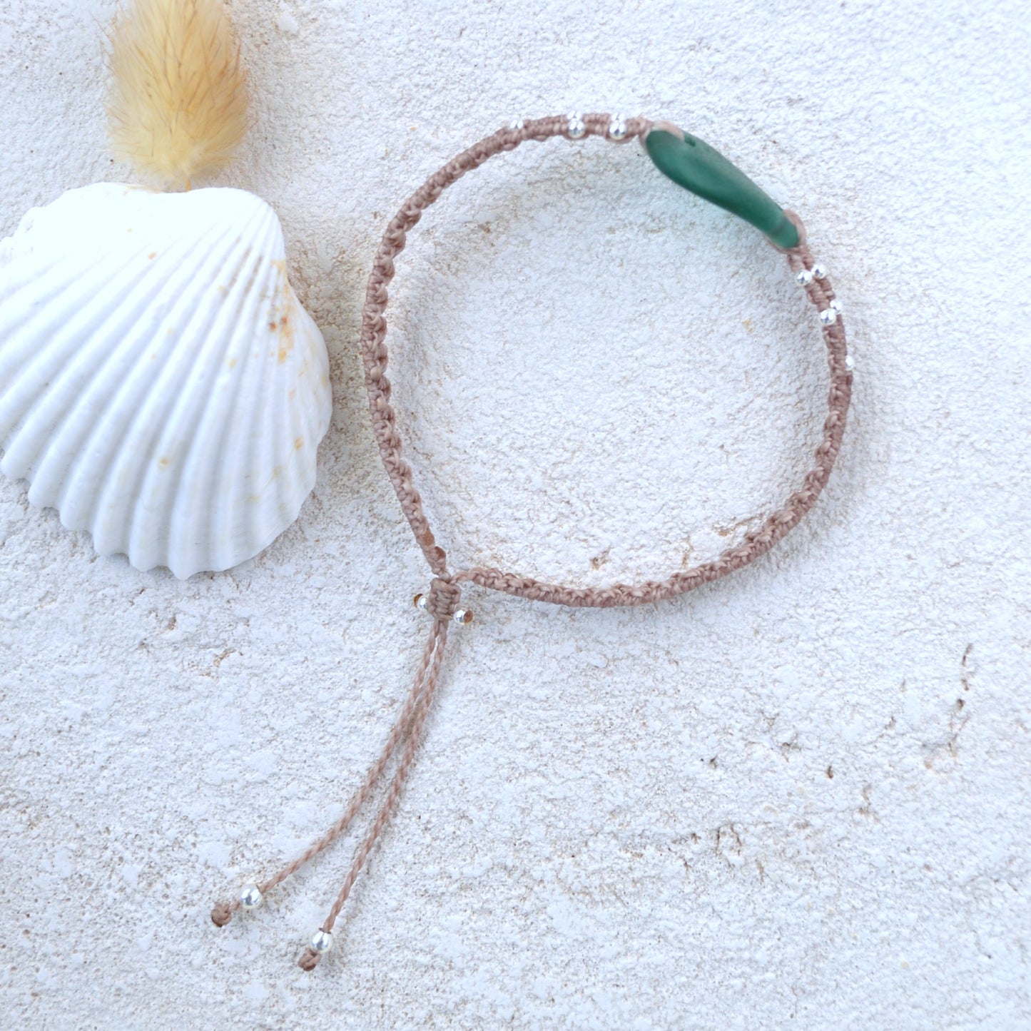 Teal Sea Glass & Sterling Silver Macrame Bracelet