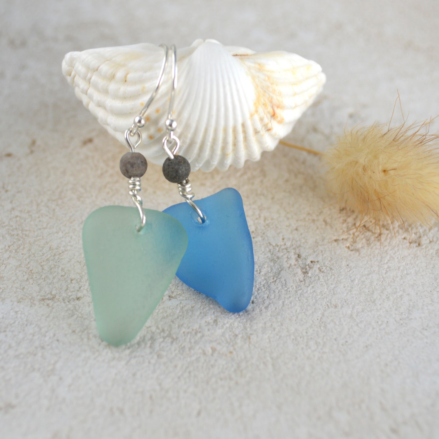 Mismatch Green & Blue Triangle Sea Glass Earrings