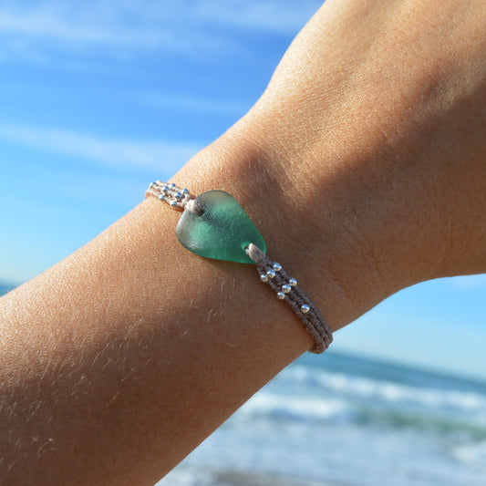 Teal Sea Glass & Sterling Silver Macrame Bracelet