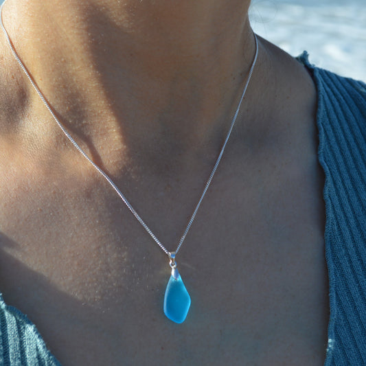 Aquamarine Sea Glass Pendant Necklace