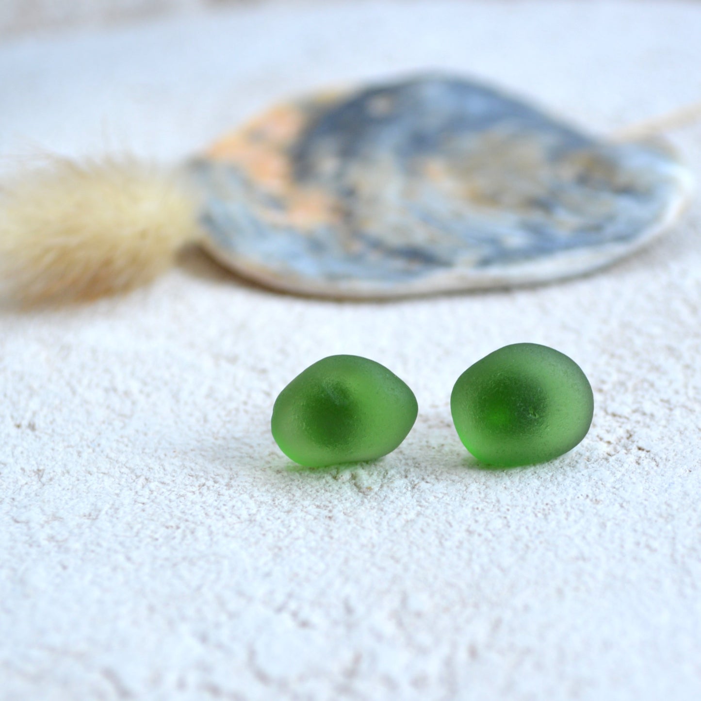 Green Sea Glass Stud Earrings