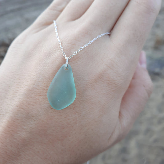 Teal Gray Sea Glass Pendant Necklace