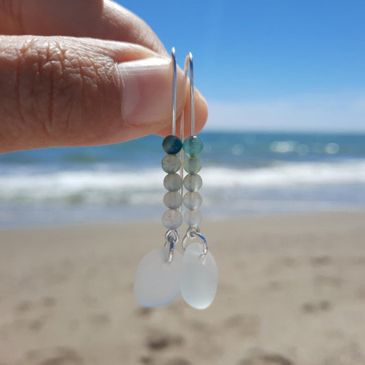 Sea Glass and Agate Threader Earrings