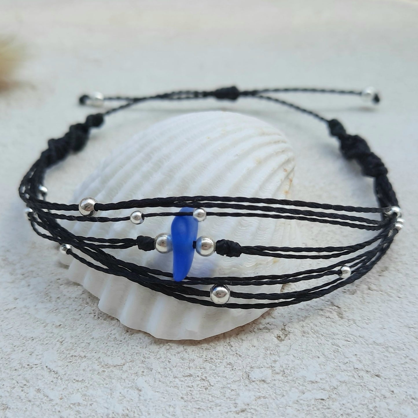 Multi-Strand Black Cord Bracelet with Blue Sea Glass & Sterling Silver Beads