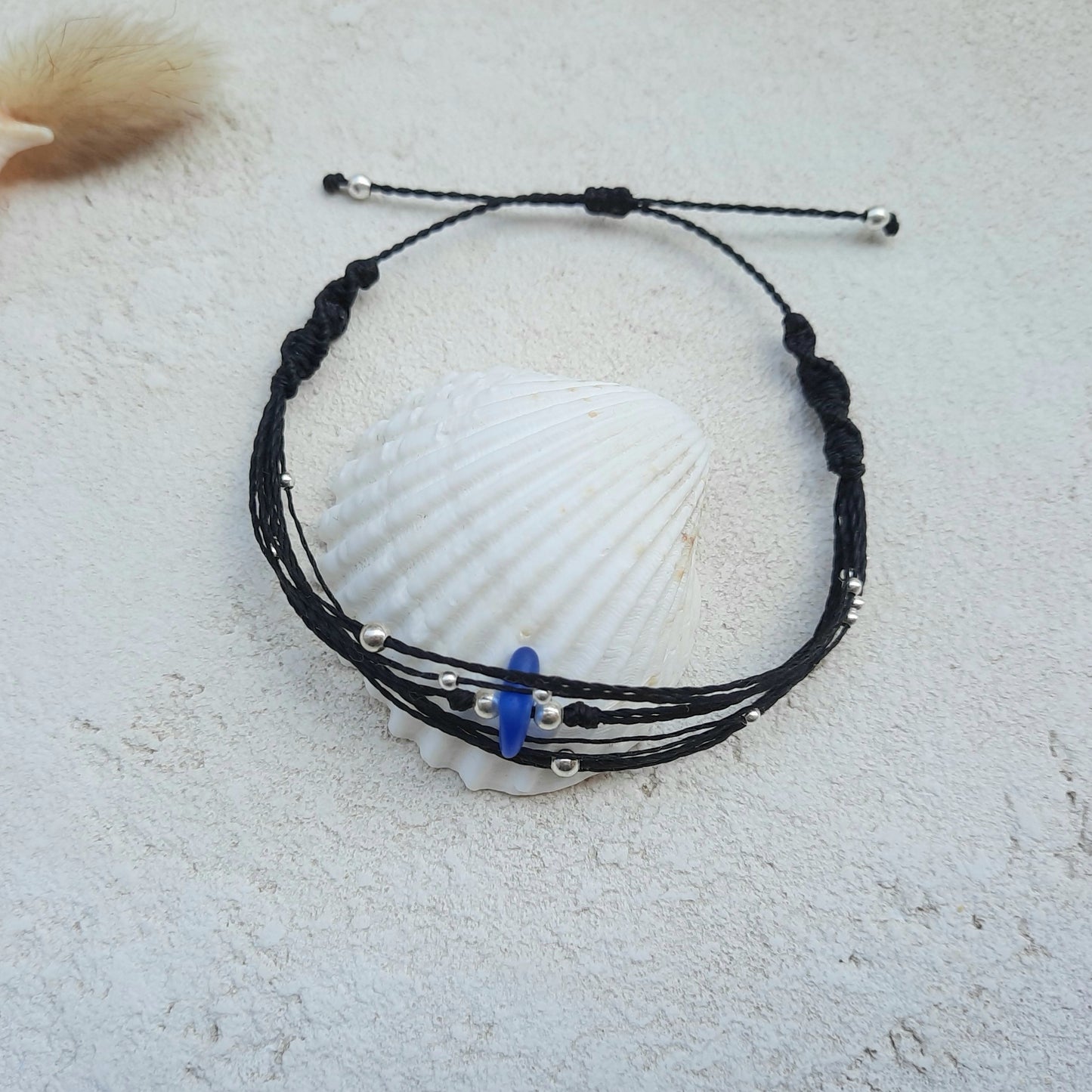 Multi-Strand Black Cord Bracelet with Blue Sea Glass & Sterling Silver Beads
