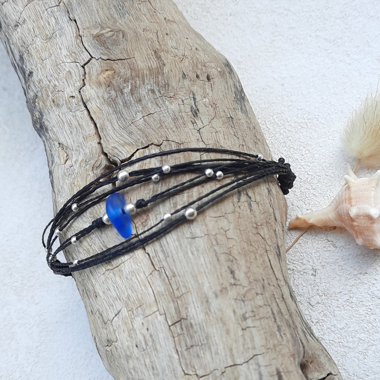 Multi-Strand Black Cord Bracelet with Blue Sea Glass & Sterling Silver Beads