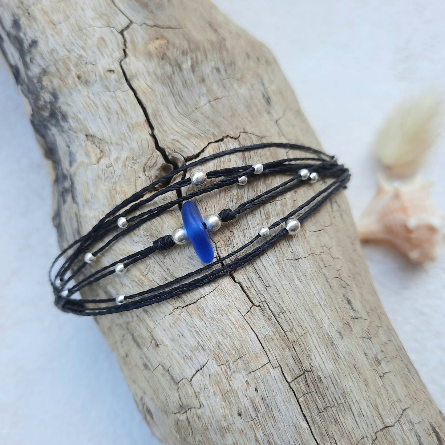 Multi-Strand Black Cord Bracelet with Blue Sea Glass & Sterling Silver Beads