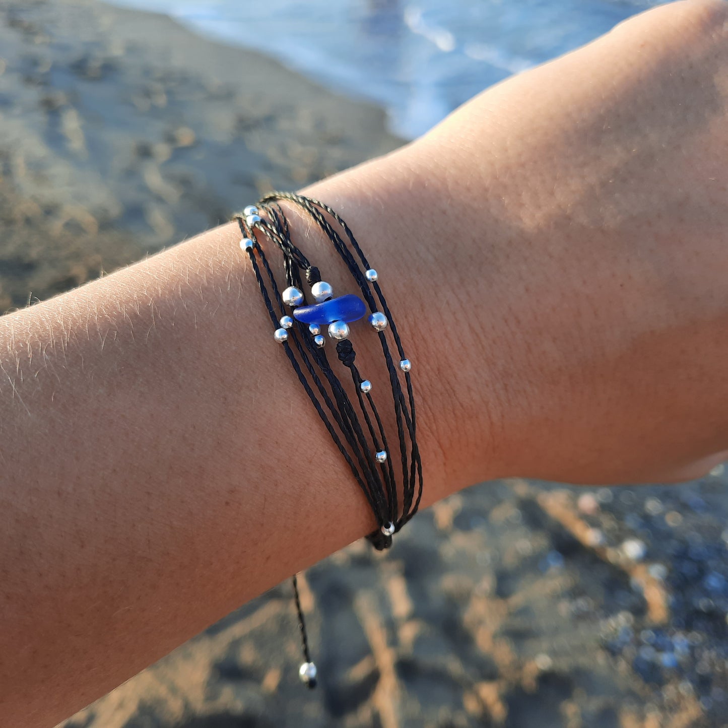 Multi-Strand Black Cord Bracelet with Blue Sea Glass & Sterling Silver Beads