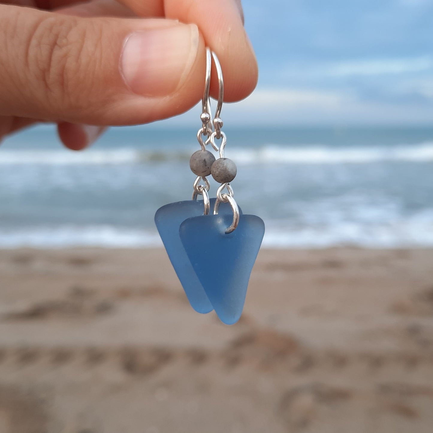 Blue Triangle Sea Glass Dangle Earrings
