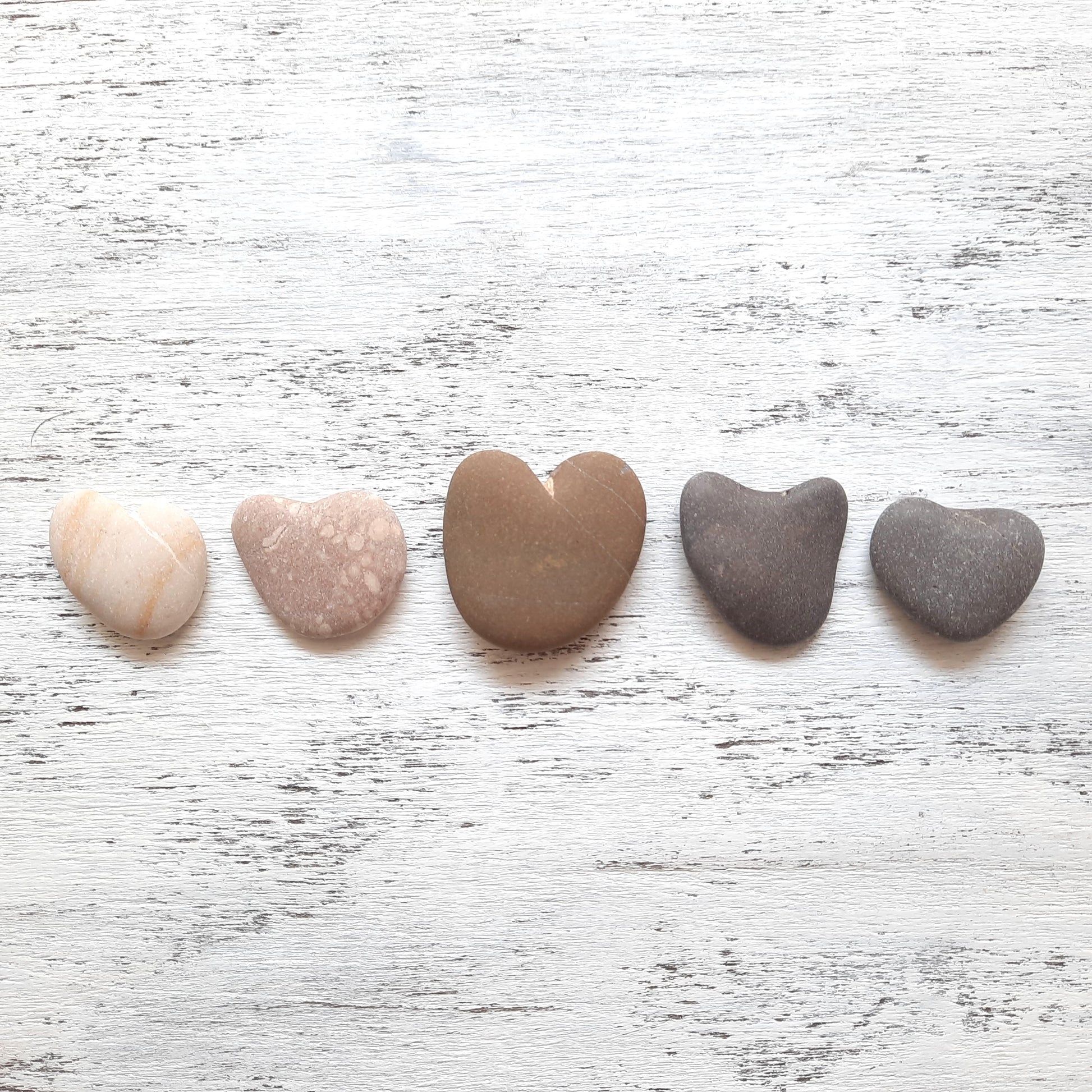 Heart-shaped stones of various colors arranged on a white wooden surface