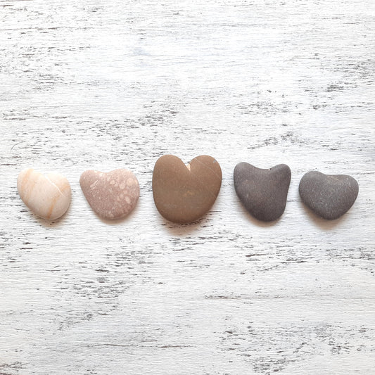 Heart-shaped stones of various colors arranged on a white wooden surface