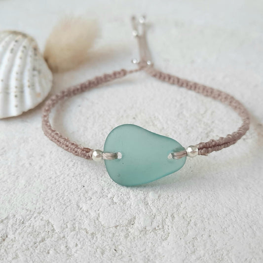 Teal Sea Glass & Sterling Silver Macrame Bracelet