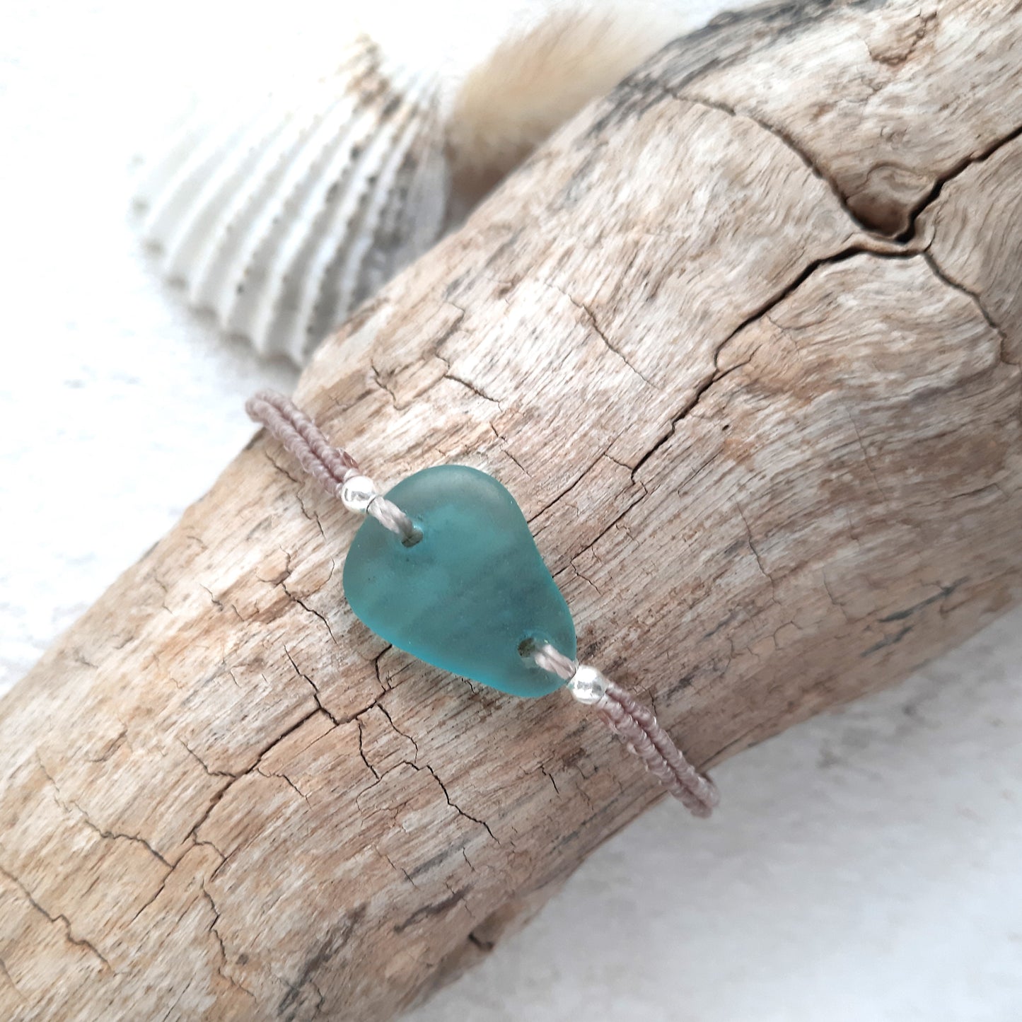 Teal Sea Glass & Sterling Silver Macrame Bracelet