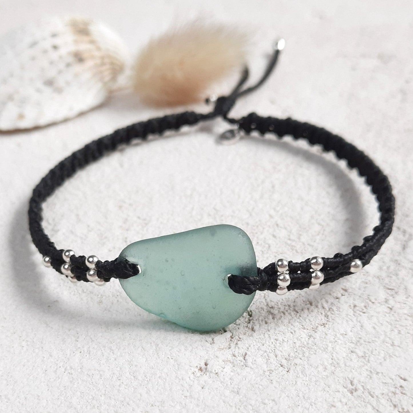 Light Teal Sea Glass & Sterling Silver Macrame Bracelet