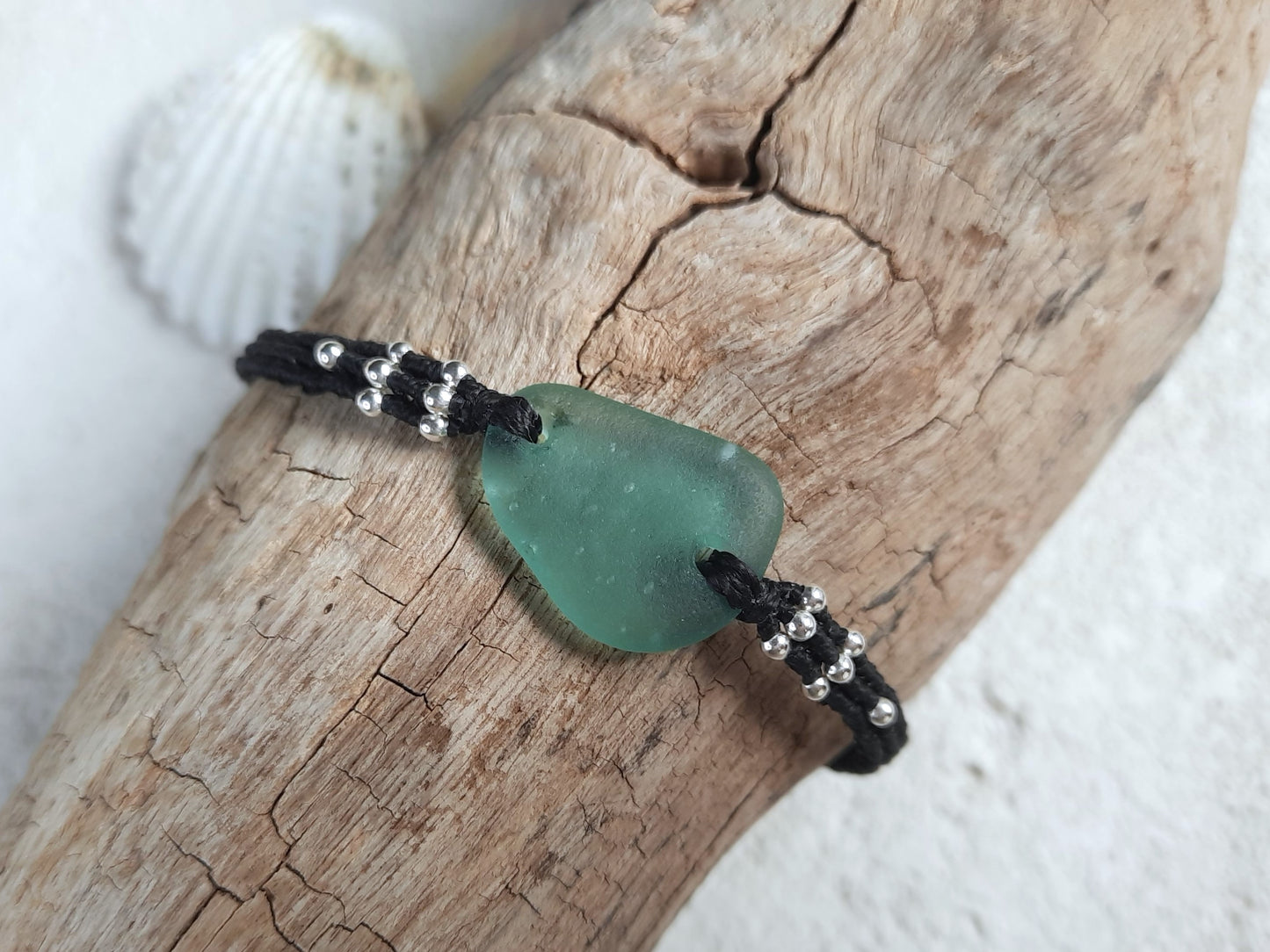 Light Teal Sea Glass & Sterling Silver Macrame Bracelet