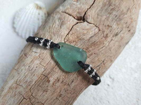Light Teal Sea Glass & Sterling Silver Macrame Bracelet