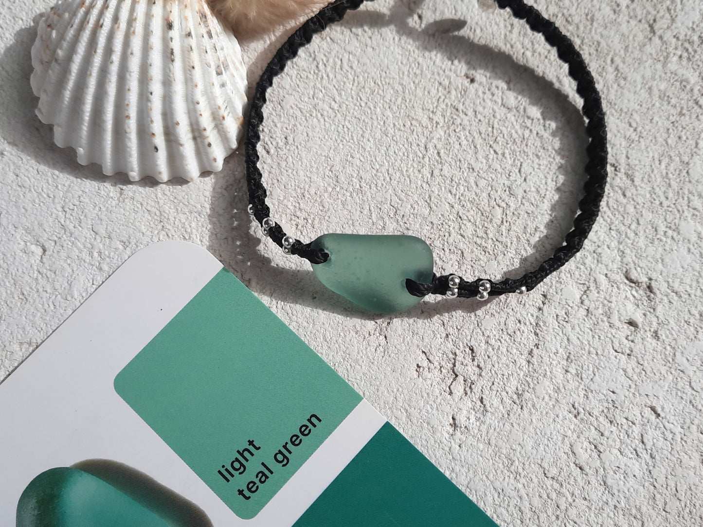 Light Teal Sea Glass & Sterling Silver Macrame Bracelet