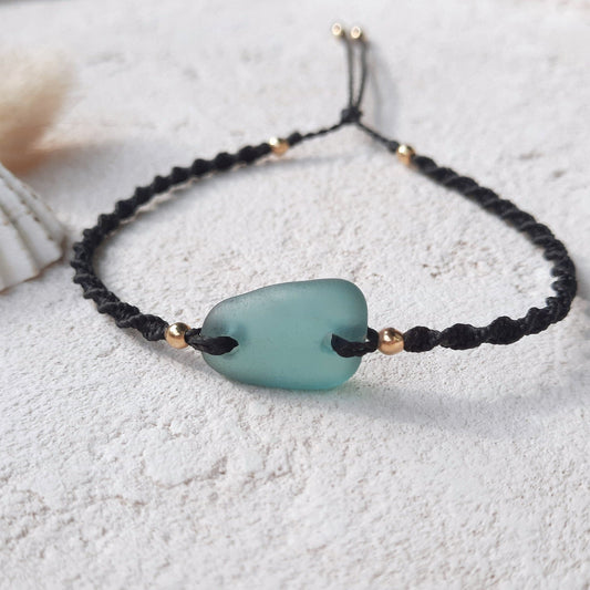 Teal Sea Glass & Gold Macrame Bracelet