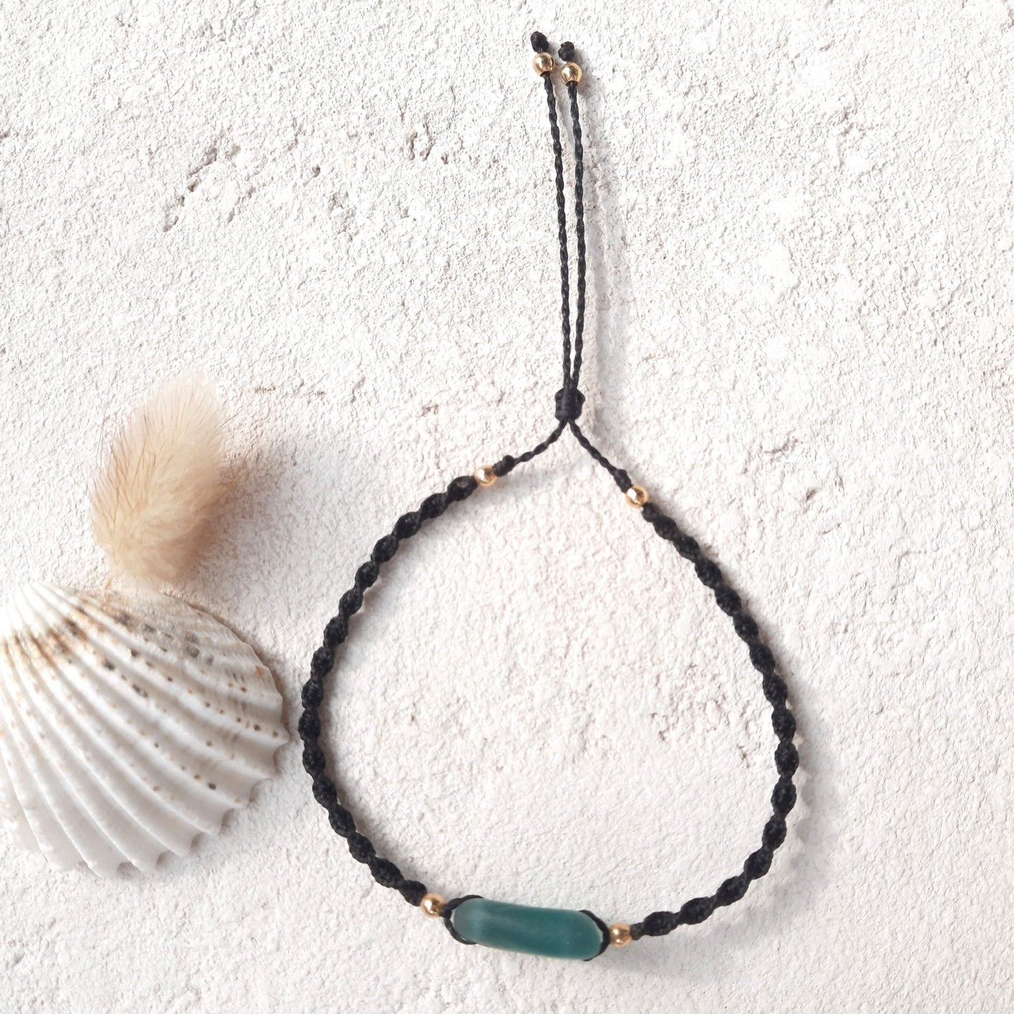 Teal Sea Glass & Gold Macrame Bracelet