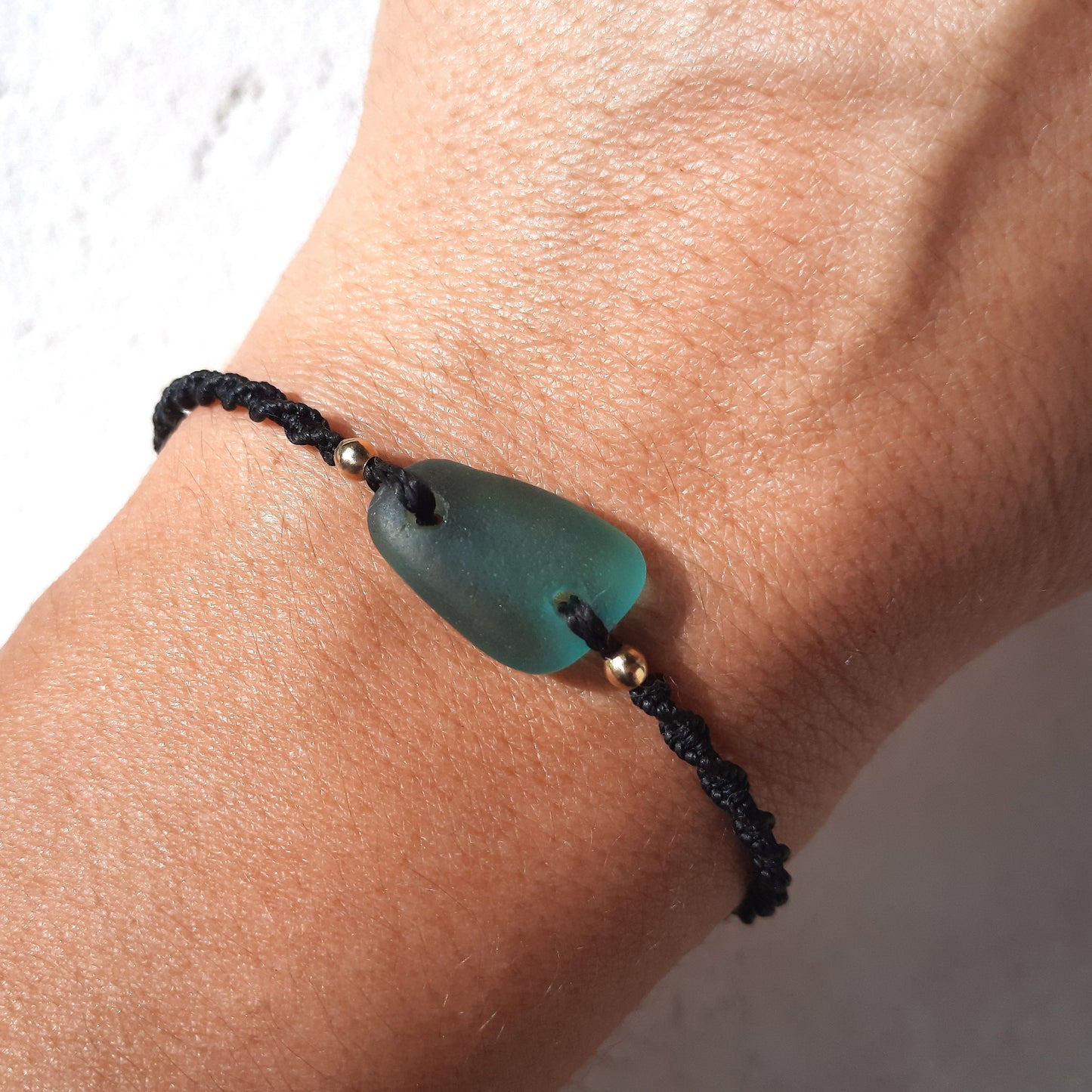 Teal Sea Glass & Gold Macrame Bracelet