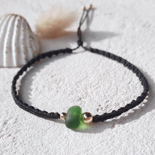 Green Sea Glass & Gold Beads Bracelet