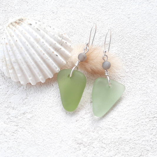 Mismatch Green Triangle Sea Glass Earrings