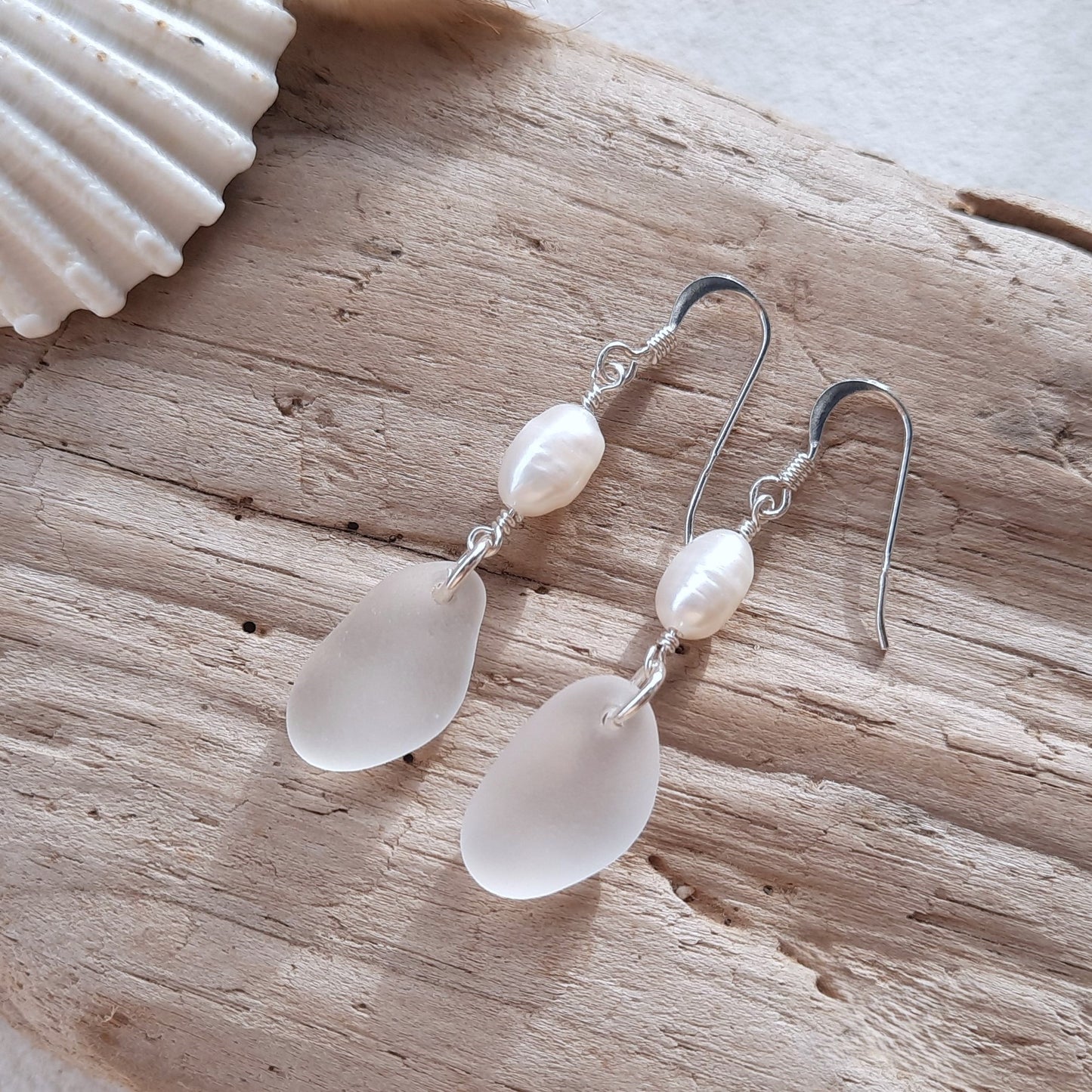 Elegant White Sea Glass & Freshwater Pearl Earrings