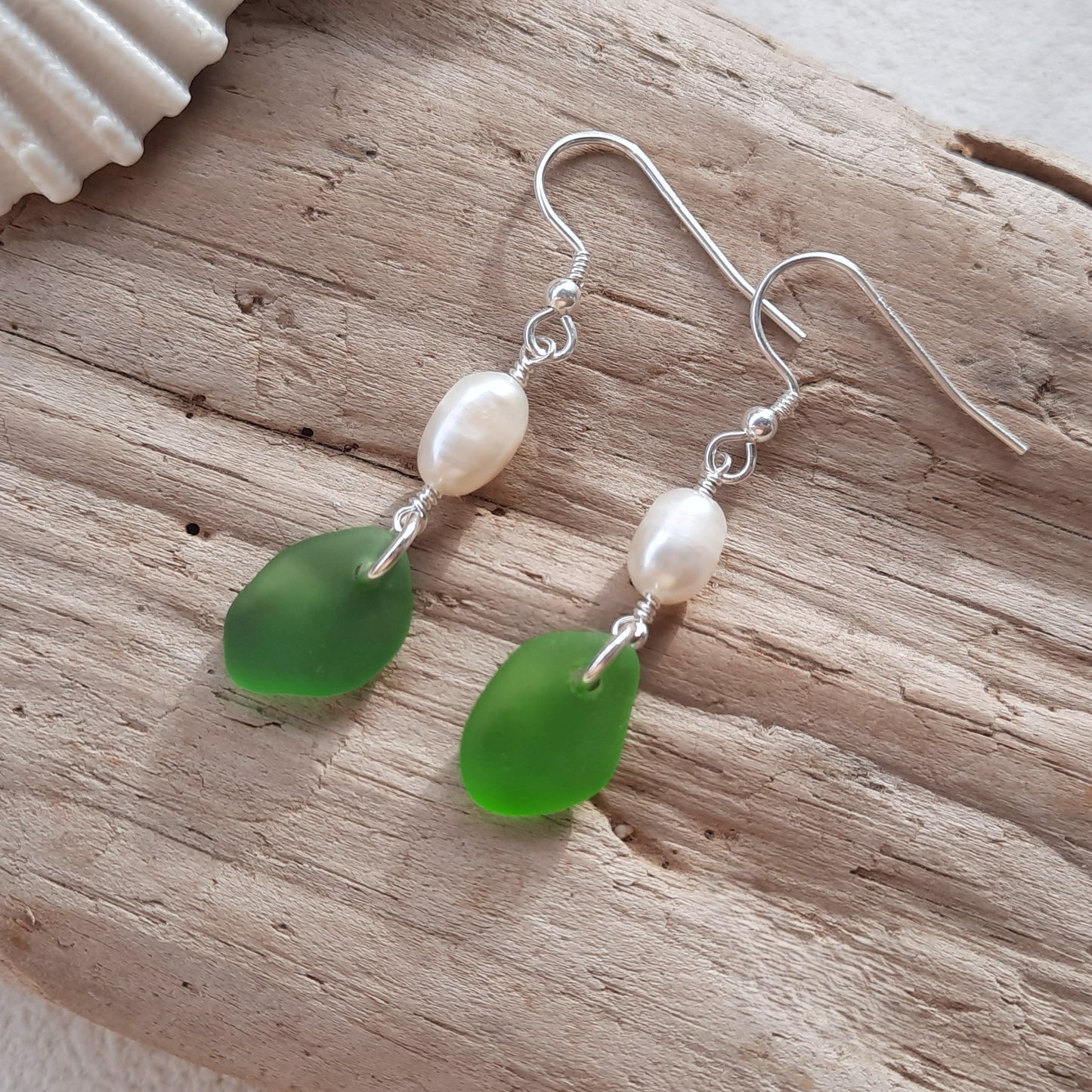 Elegant Green Sea Glass & Freshwater Pearl Earrings