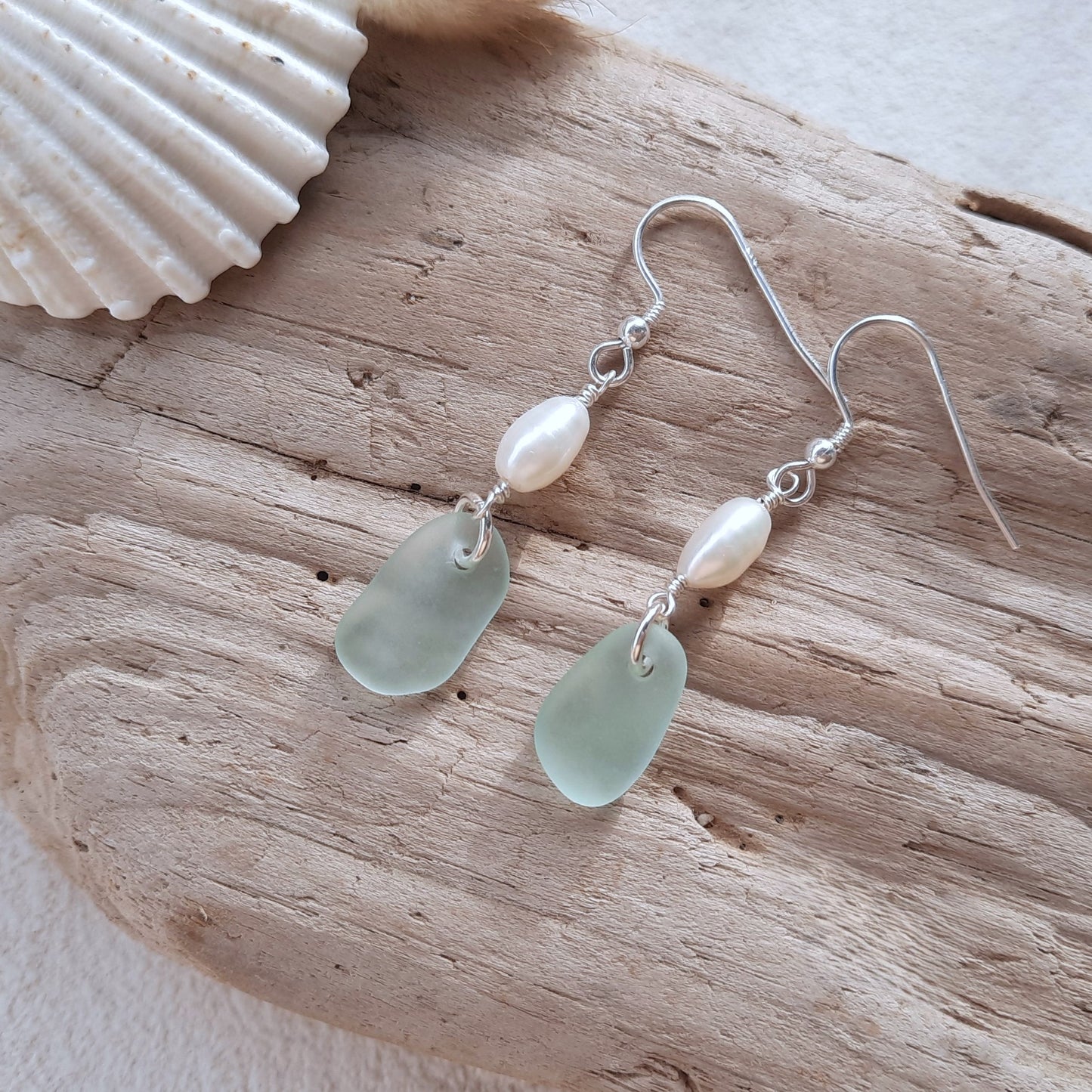 Elegant Seafoam Blue Sea Glass & Freshwater Pearl Earrings