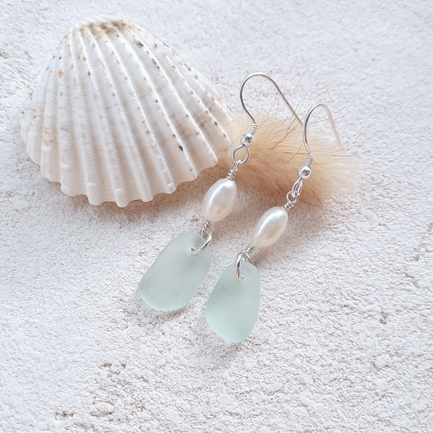 Elegant Seafoam Blue Sea Glass & Freshwater Pearl Earrings