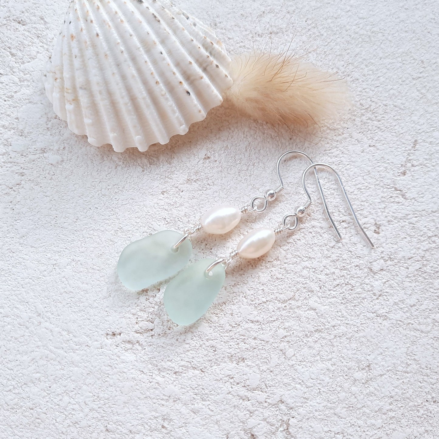 Elegant Seafoam Blue Sea Glass & Freshwater Pearl Earrings