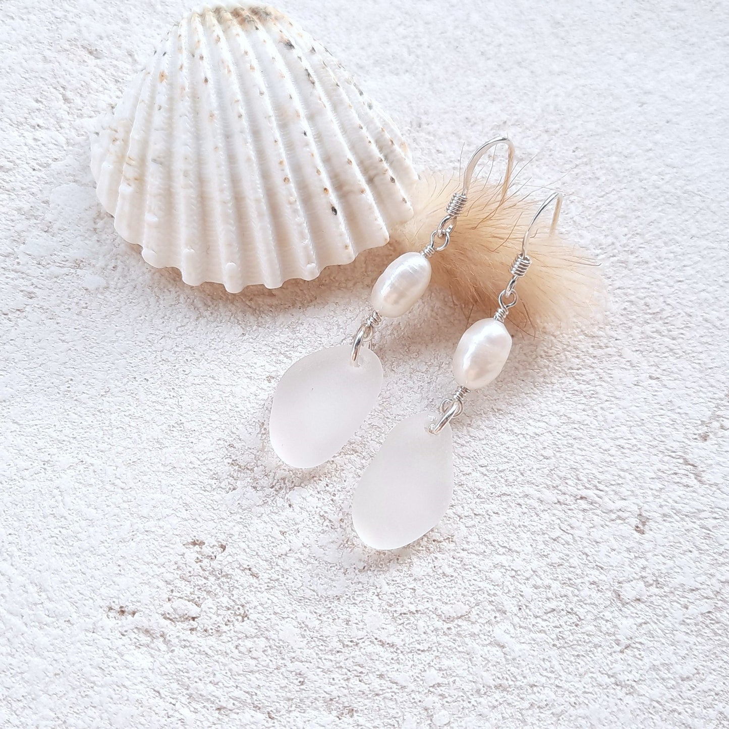 Elegant White Sea Glass & Freshwater Pearl Earrings