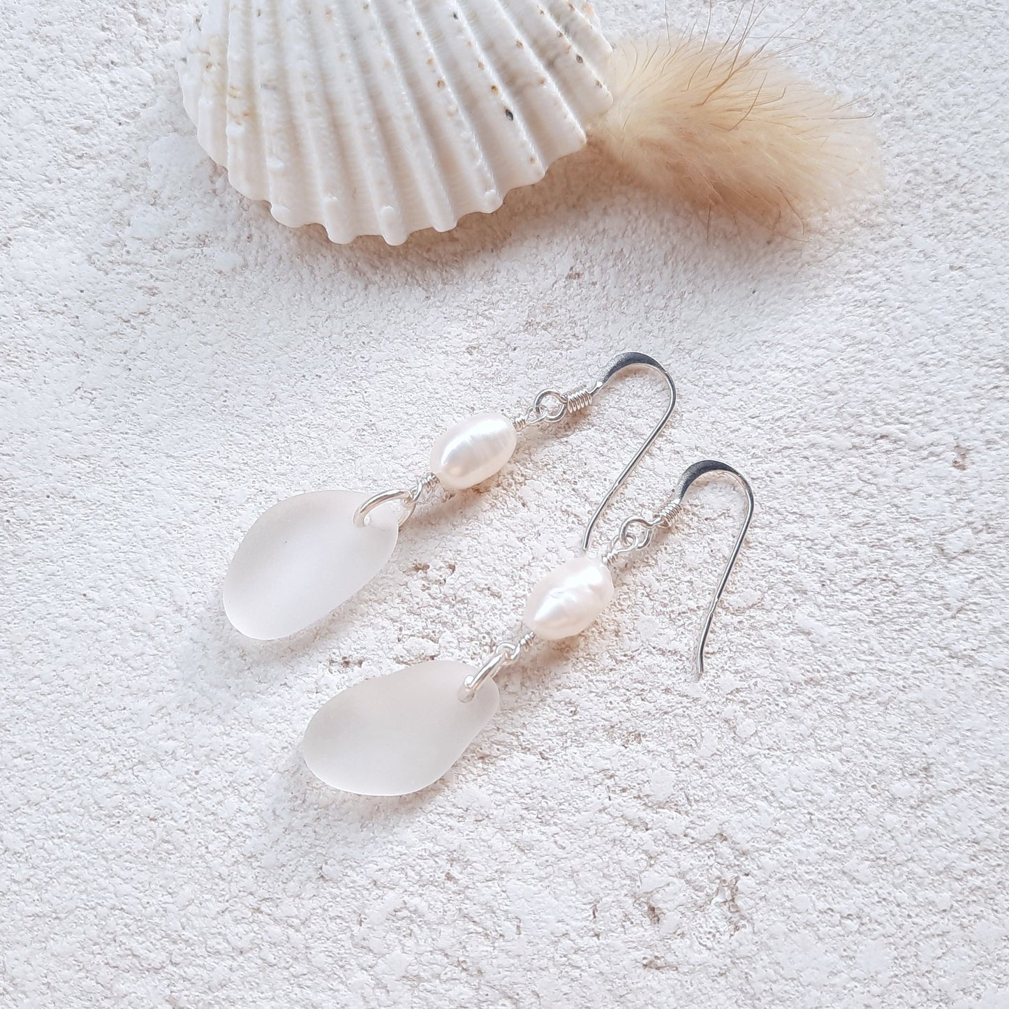Elegant White Sea Glass & Freshwater Pearl Earrings