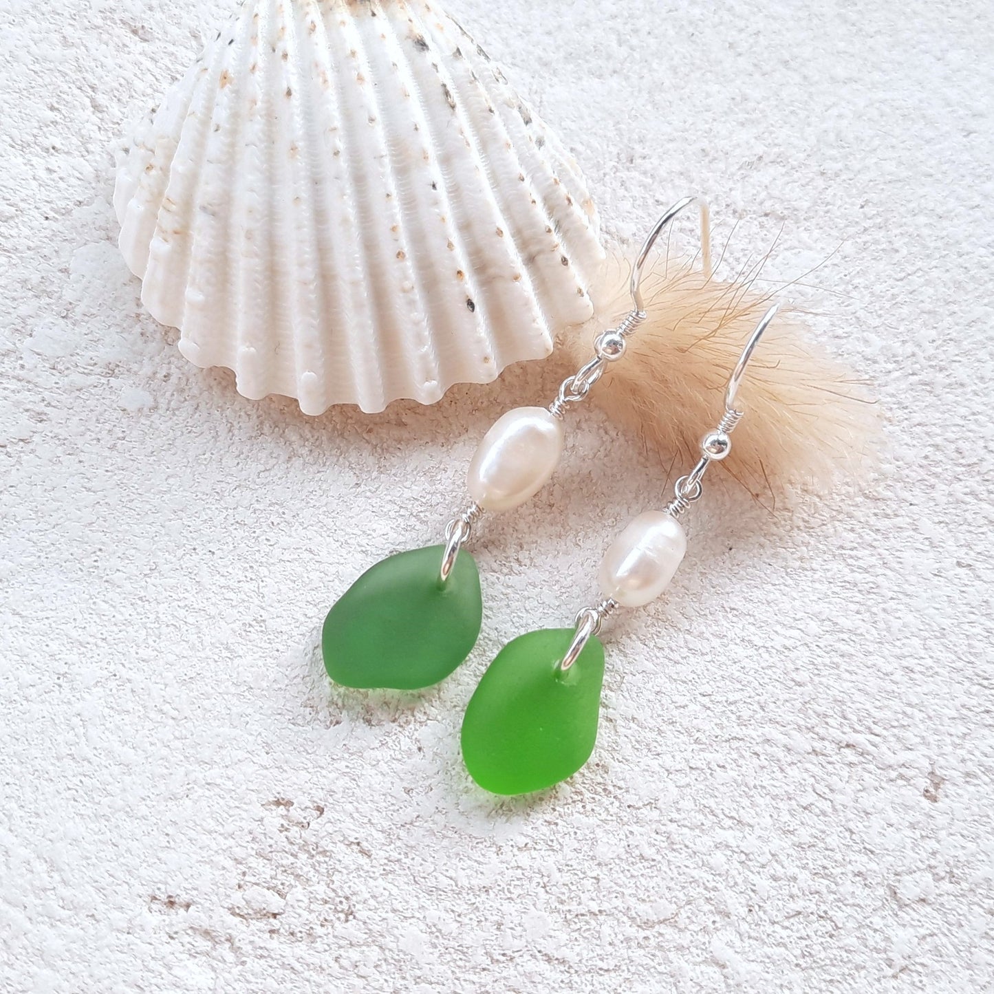 Elegant Green Sea Glass & Freshwater Pearl Earrings