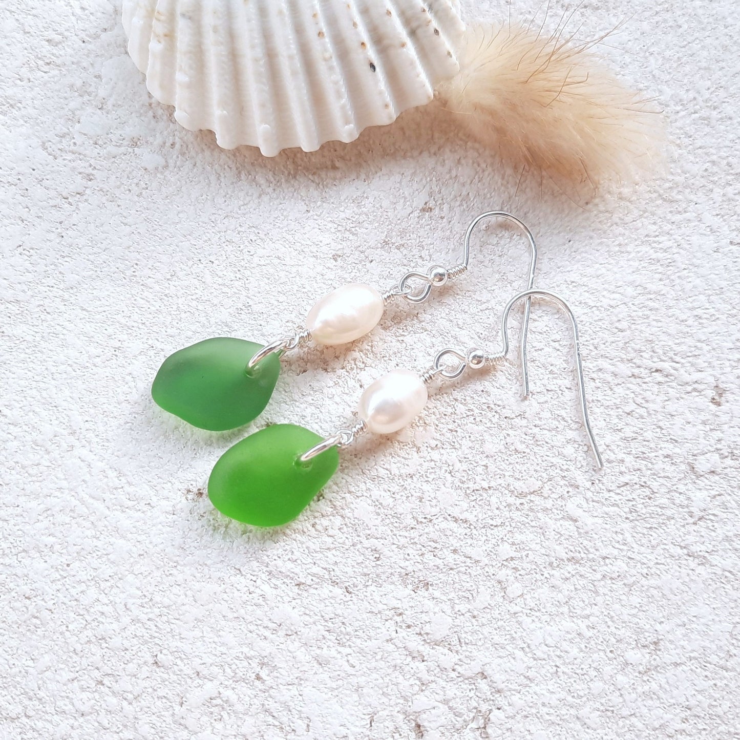 Elegant Green Sea Glass & Freshwater Pearl Earrings