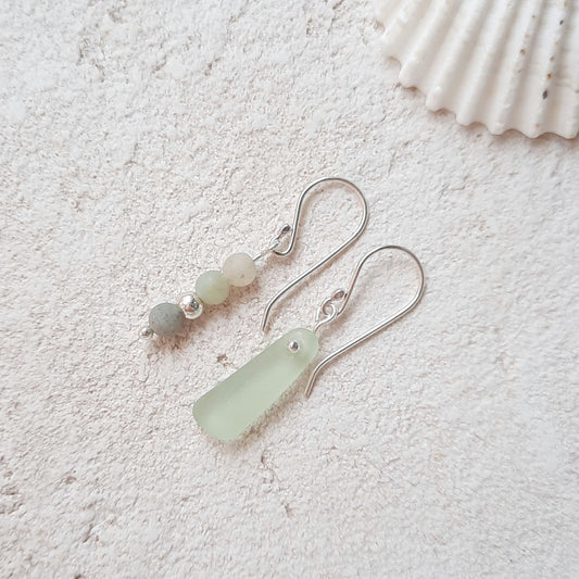 Sea Glass and Amazonite Mismatch Dangle Earrings