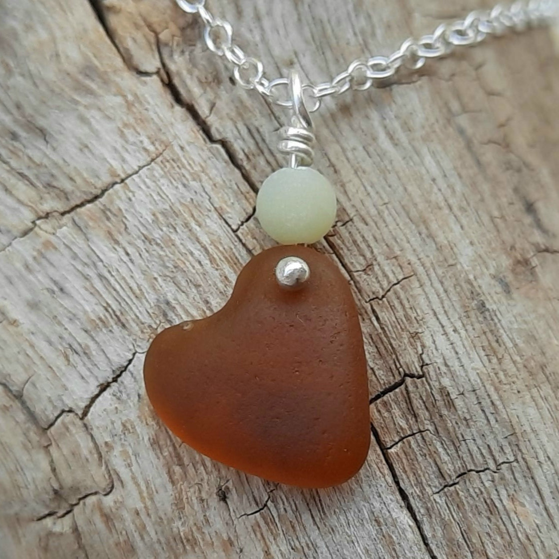 Amber Sea Glass Heart Necklace
