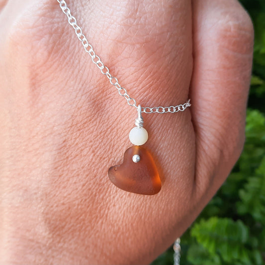 Amber Sea Glass Heart Necklace