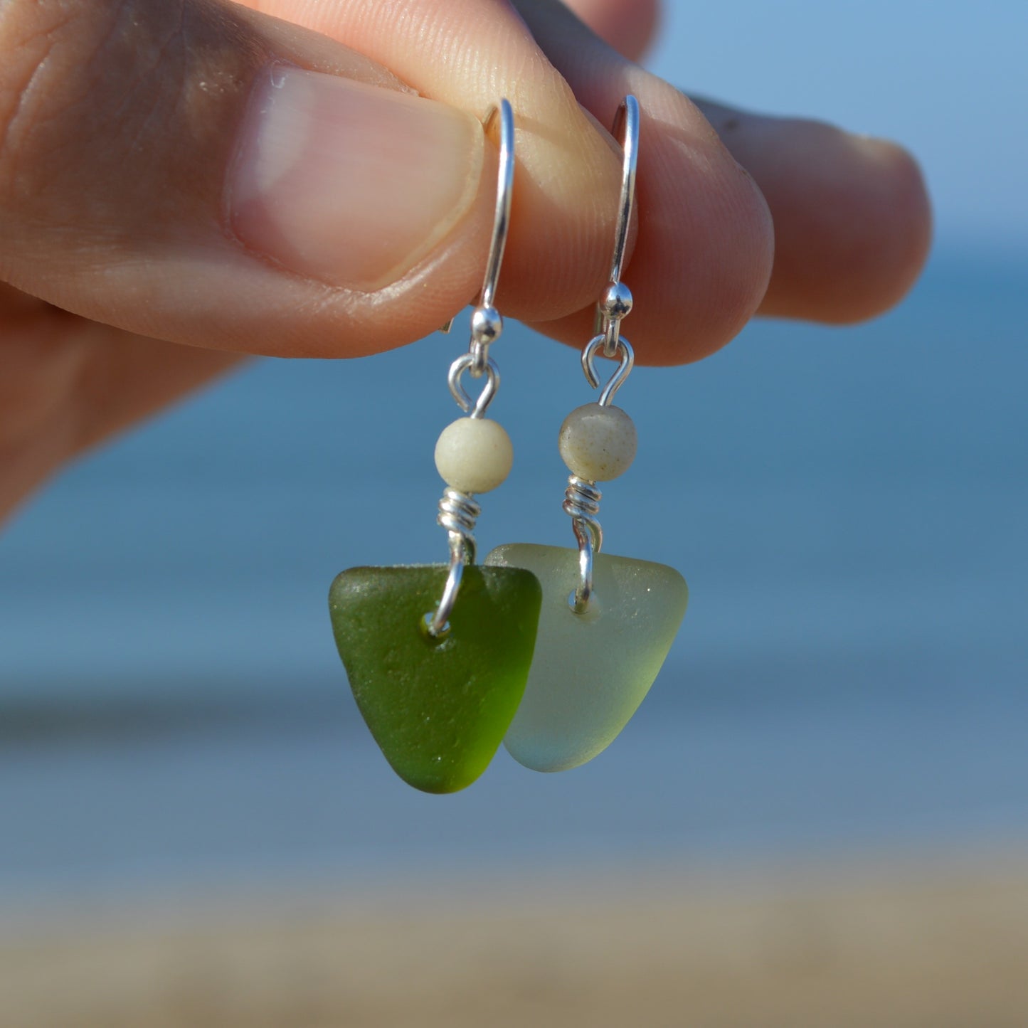 Mismatch Green Triangle Sea Glass Earrings