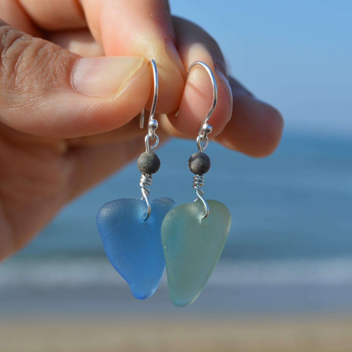 Mismatch Green & Blue Triangle Sea Glass Earrings