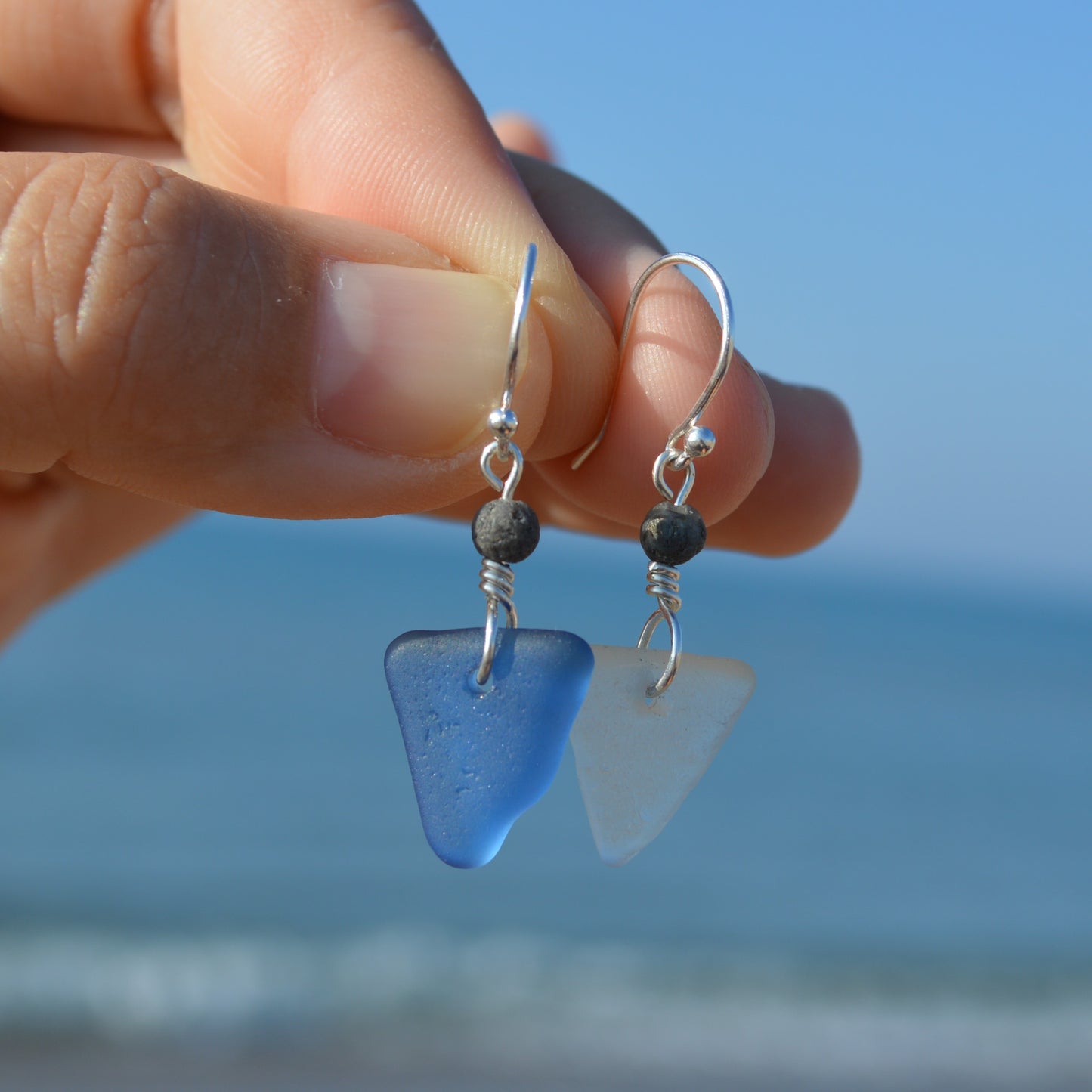 Mismatch Blue and Gray Triangle Sea Glass Earrings