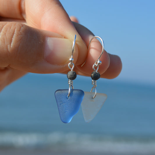 Mismatch Blue and Gray Triangle Sea Glass Earrings