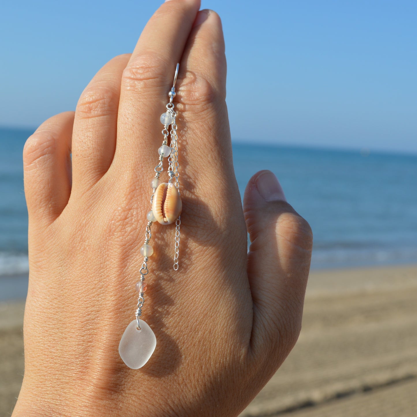 Hawaiian Cowrie Shell & Spanish Sea Glass Dangle Earrings