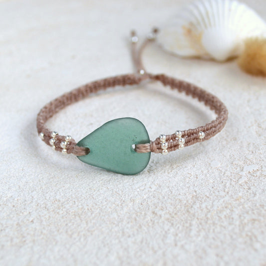 Teal Sea Glass & Sterling Silver Macrame Bracelet
